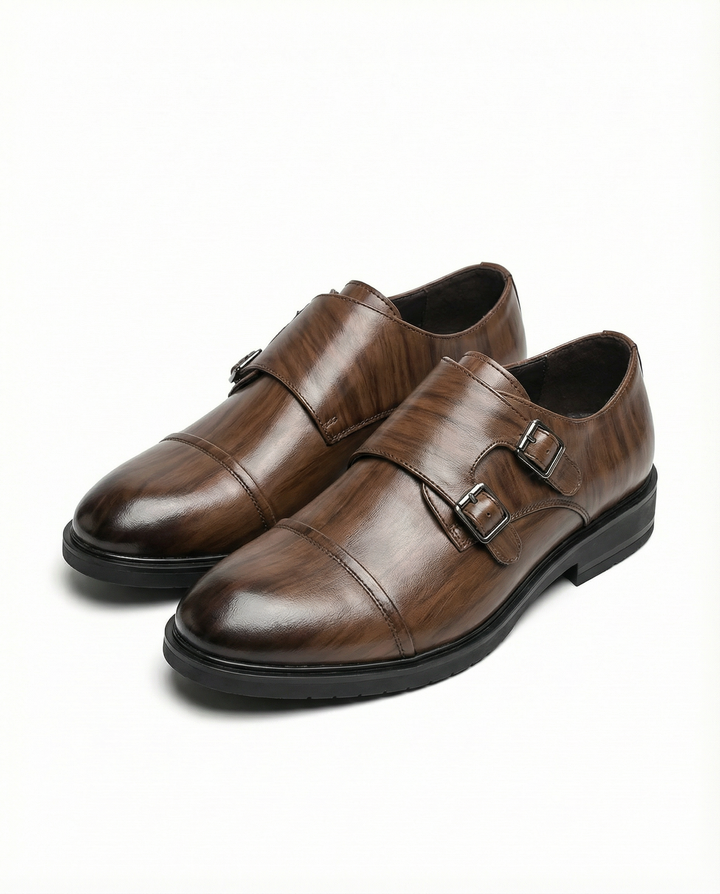 Men's genuine brown leather double monk strap shoes, classic style, formal dress shoes