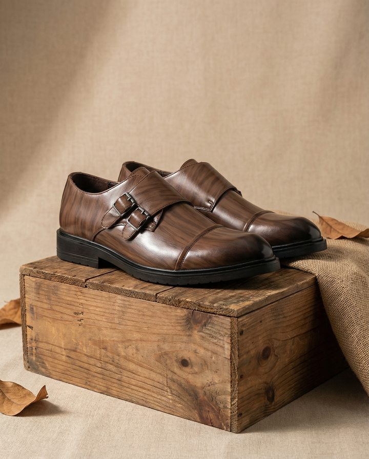 Close-up of double monk strap closure on men's genuine black leather dress shoe