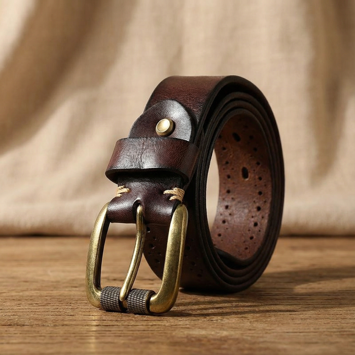 Close-up of a men's genuine leather belt, showcasing the solid brass buckle and leather texture