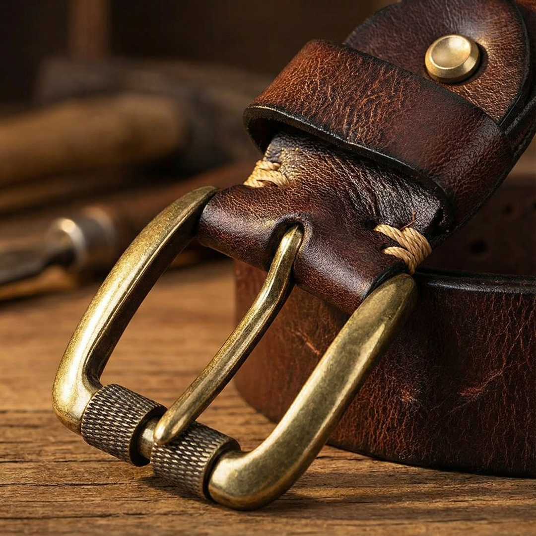 Fashionable men's genuine leather belt with a unique solid brass buckle, ideal for daily accessories