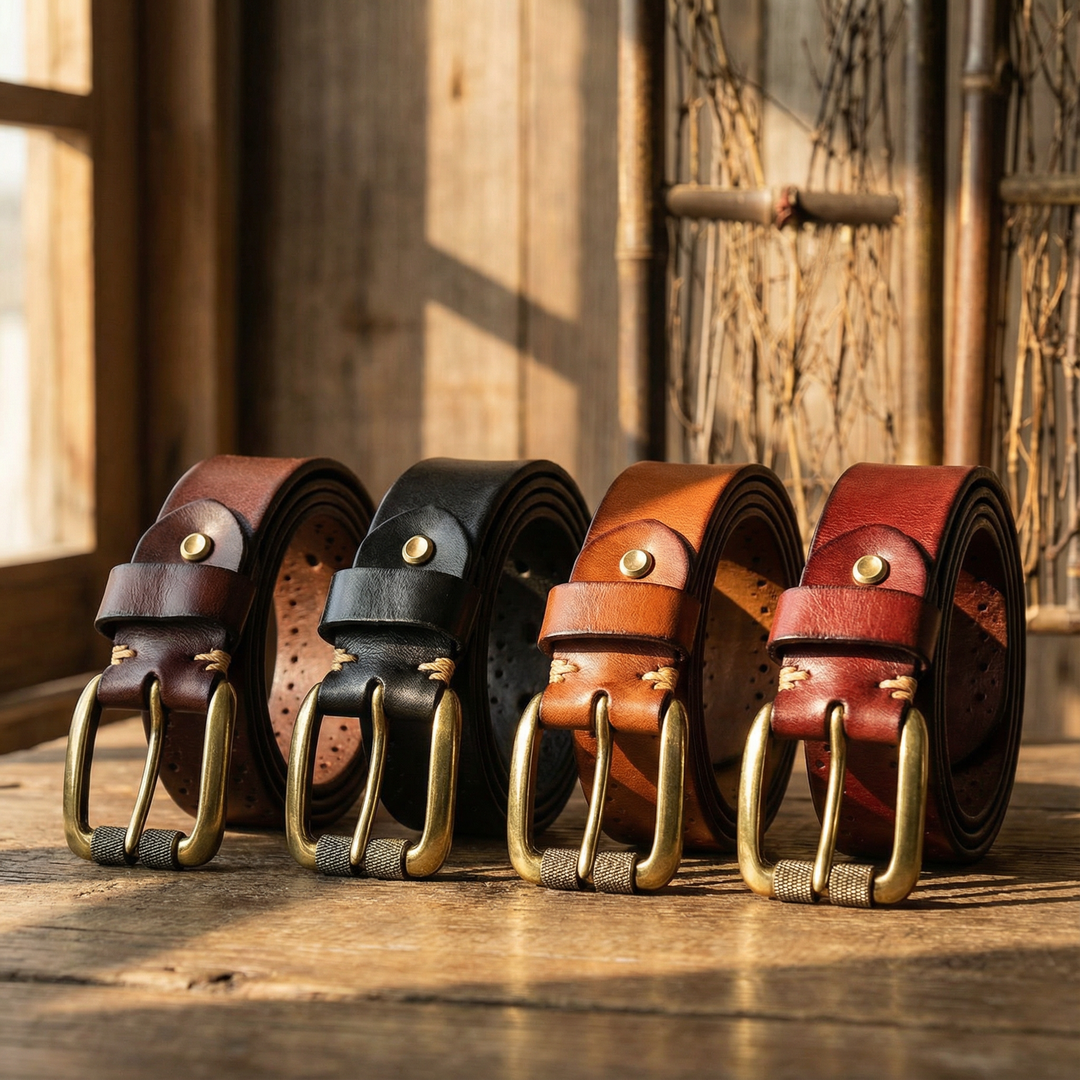 Men's genuine leather belt in a rich brown, paired with a classic solid brass buckle, fashion accessory