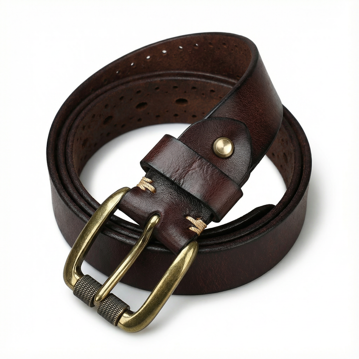 High-quality men's genuine leather belt, emphasizing the genuine leather and the solid brass buckle detail