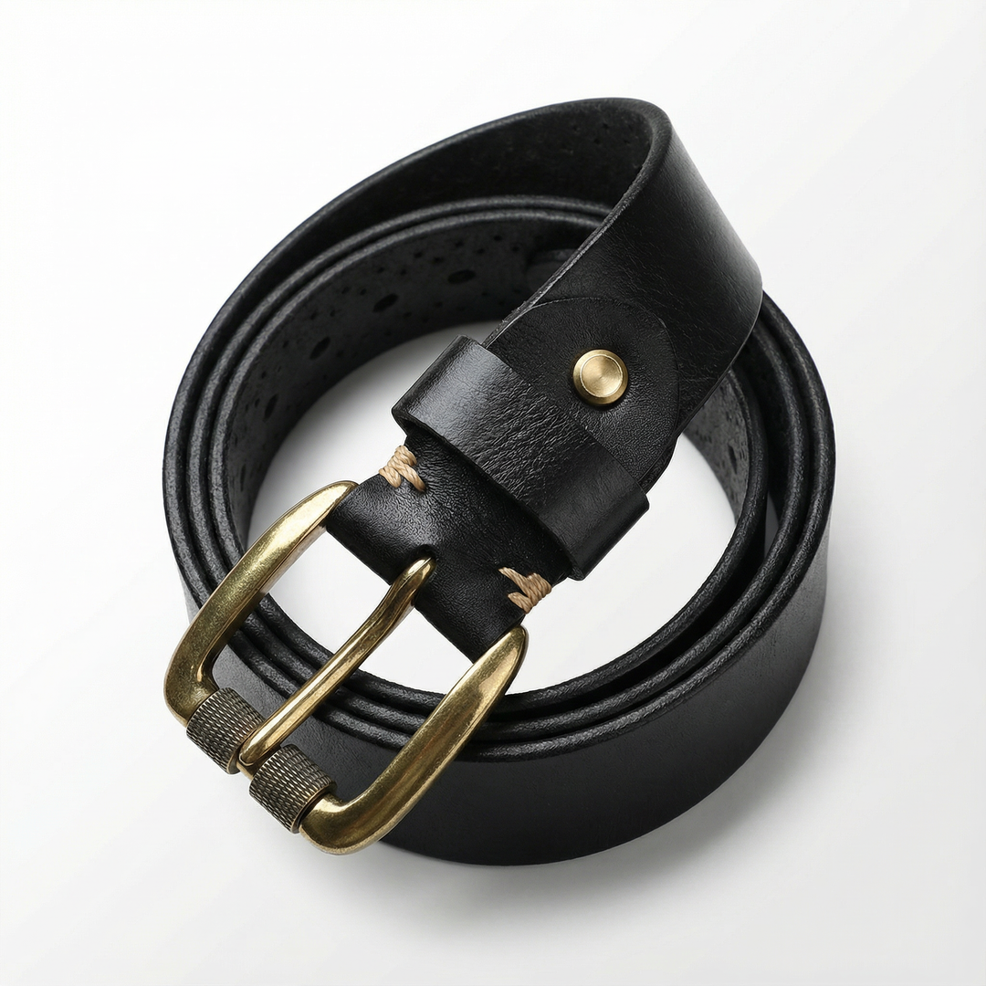 Versatile men's genuine leather belt with a sturdy solid brass buckle, great for casual men's fashion