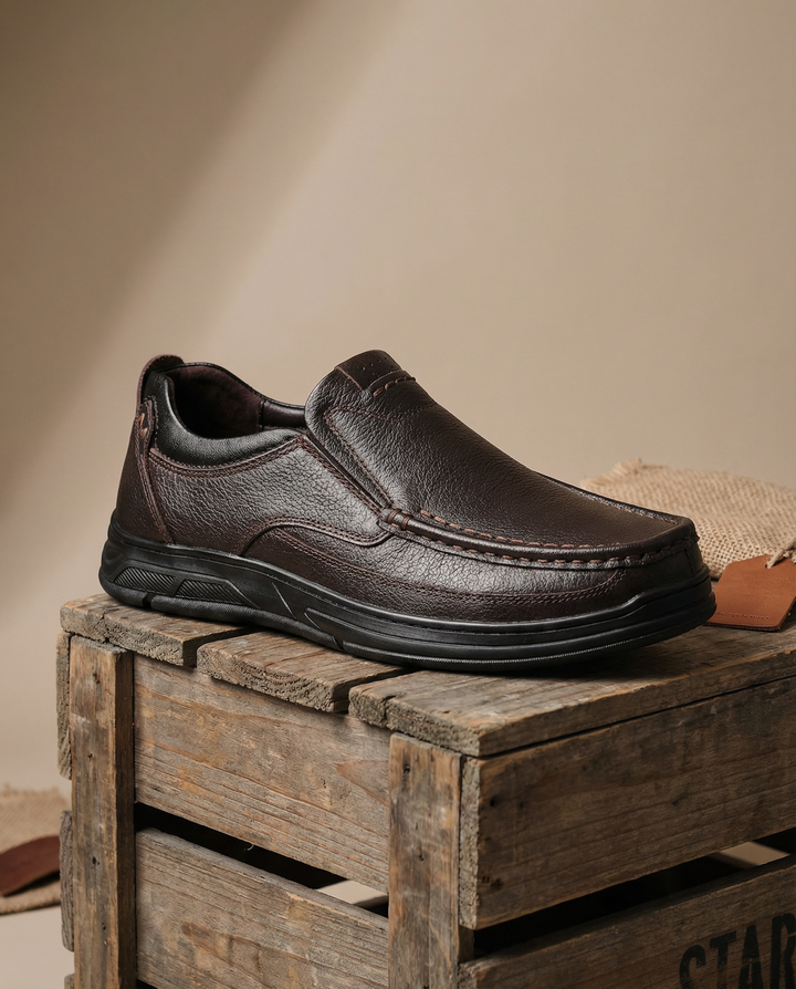 Stylish dark brown genuine leather slip-on loafers for men, designed for comfort and ease