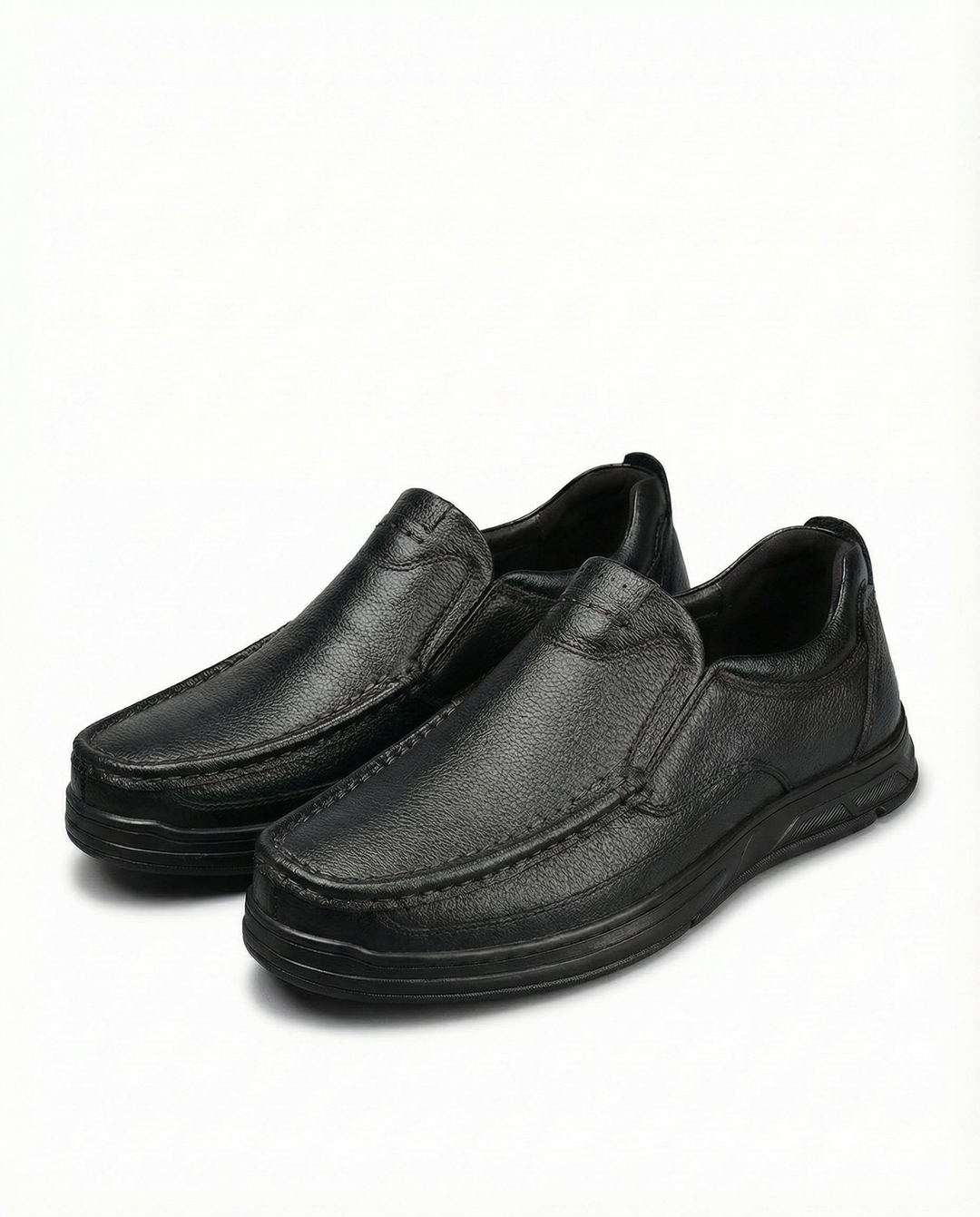 Side profile of dark brown genuine leather slip-on loafers, durable and comfortable casual shoe