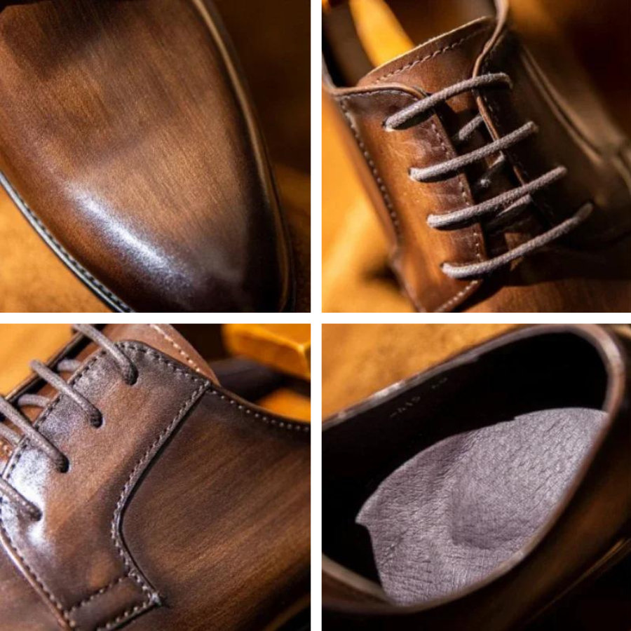 Close-up of men's brown leather dress shoes, showcasing the quality and craftsmanship for formal wear.