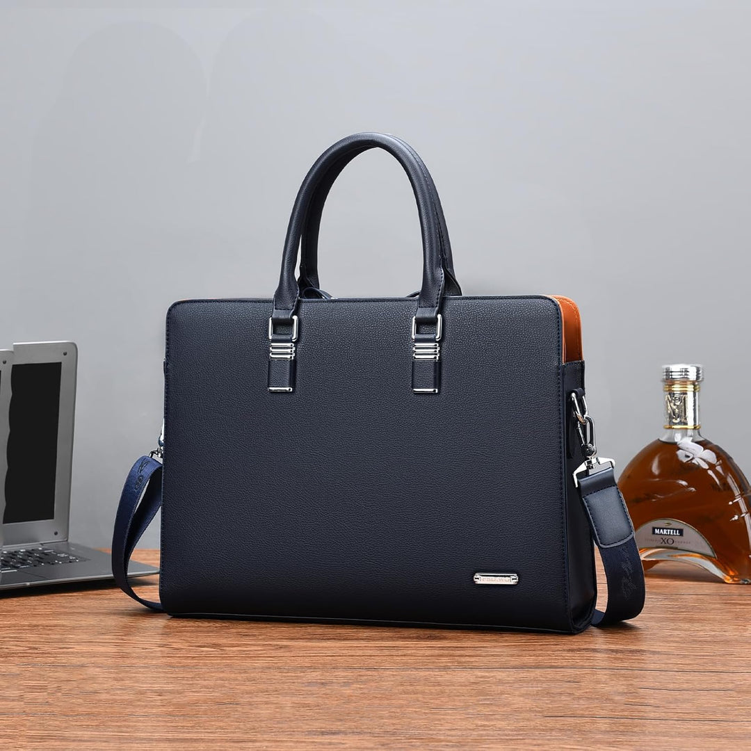 Men's genuine leather business briefcase, slim profile for professional use & easy travel.