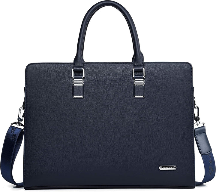 Open men's genuine leather business brief, revealing organized laptop & document storage.