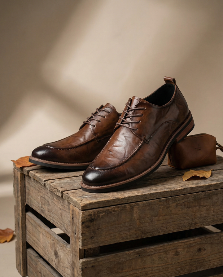 Black men's derby shoes in genuine leather, elegant dress shoes for business attire and formal events.