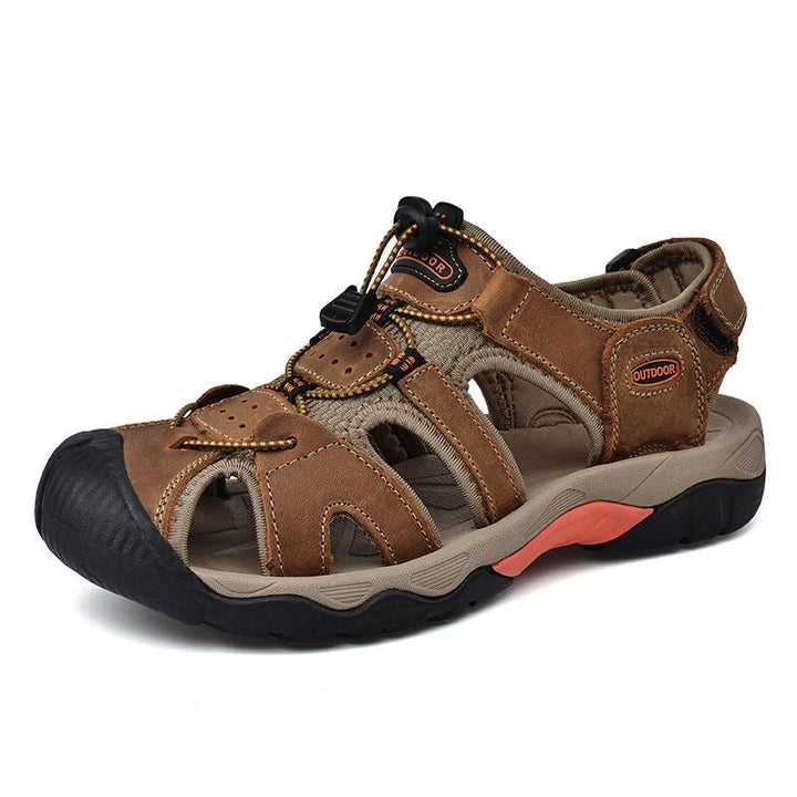 Men's genuine leather fisherman sandals with arch support, side view, ideal for casual outdoor wear
