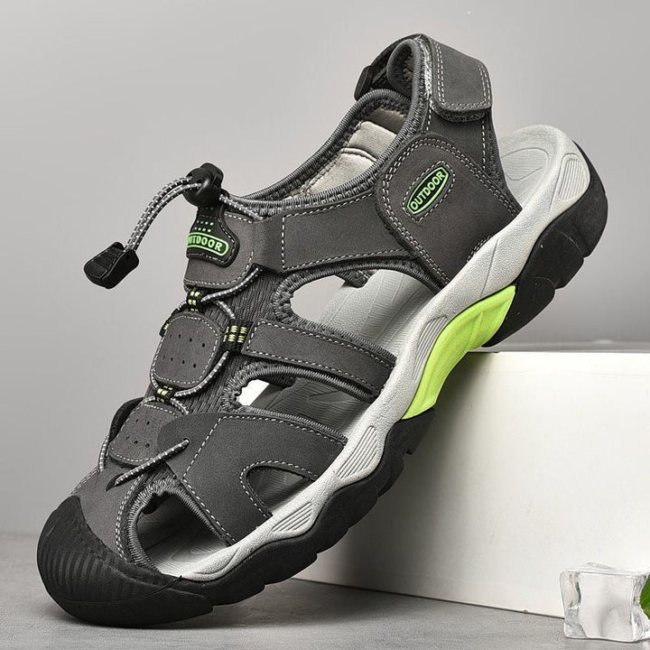 Front view of men's arch support fisherman sandals, showcasing toe protection and leather straps