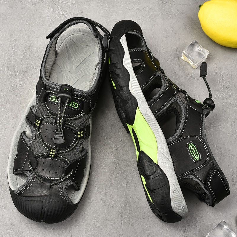 Close-up of the buckle closure on men's leather outdoor sandals with built-in arch support