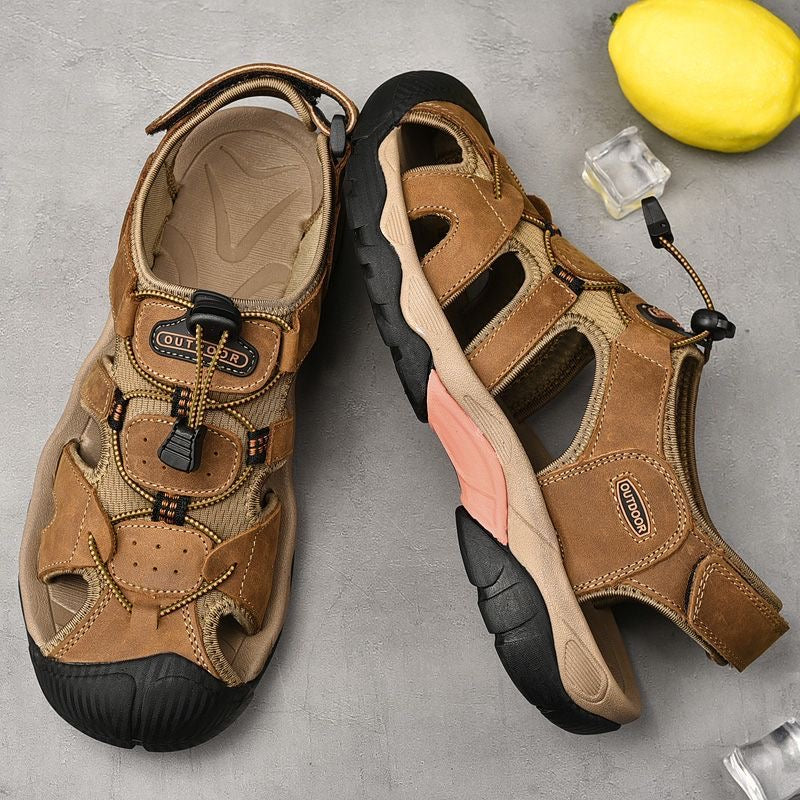 Studio shot of men's genuine leather arch support fisherman sandals, isolated on white background