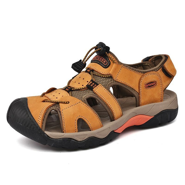 Close-up of the genuine leather straps on men's arch support fisherman sandals, detailed texture