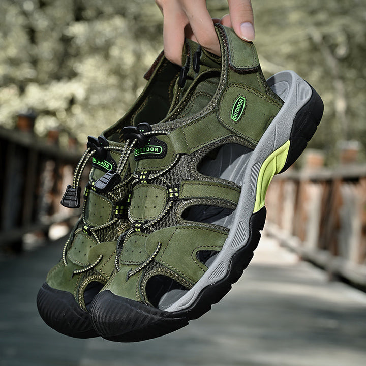 Close-up of the footbed of men's arch support leather fisherman sandals, highlighting comfort