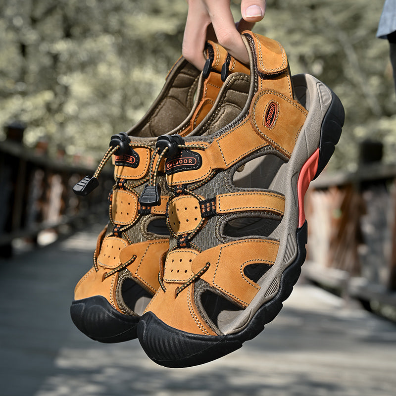 Men's genuine leather fisherman sandals, dark brown, robust arch support for outdoor excursions