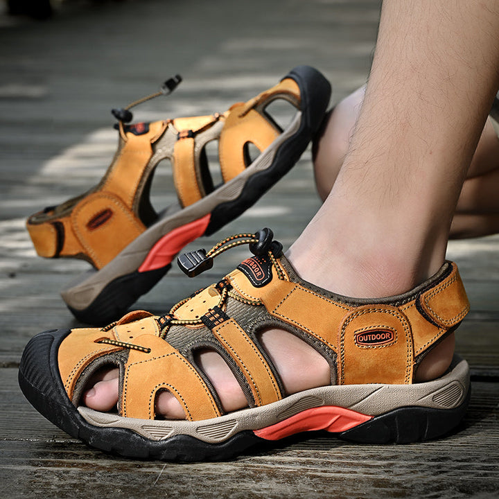 A man's feet showcasing men's genuine leather arch support fisherman sandals in action