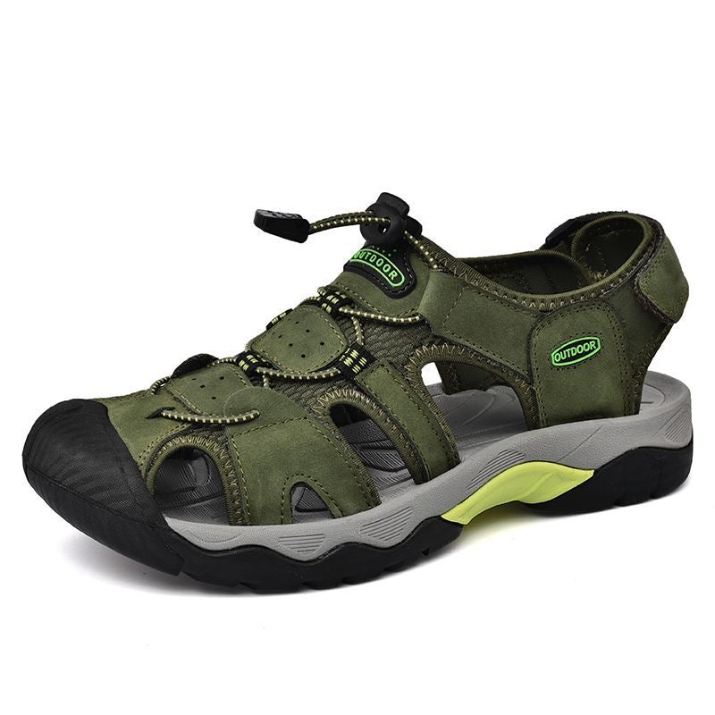Top-down view of men's leather fisherman sandals, showcasing the full design and arch support