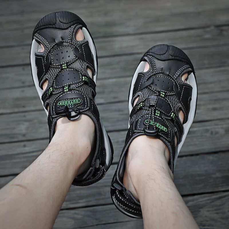 Genuine leather men's fisherman sandals with ergonomic arch support, displayed in a store