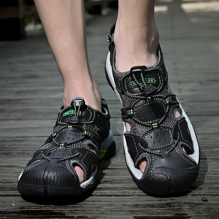 Dynamic shot of men's genuine leather arch support fisherman sandals on a trail, ready for action