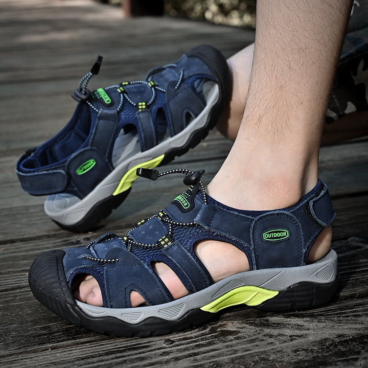 Men's genuine leather fisherman sandals, light brown, featuring an advanced arch support system