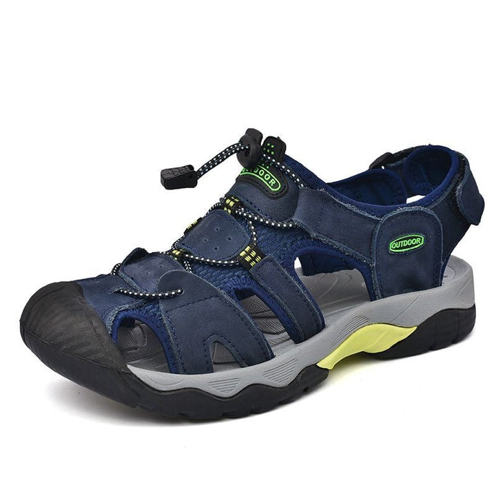 Side profile of men's casual leather fisherman sandals with visible arch support and sturdy sole