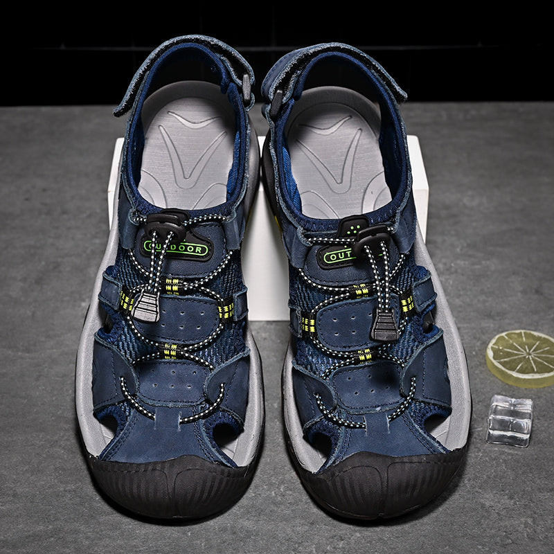 Close-up of the adjustable strap on men's arch support genuine leather fisherman sandals