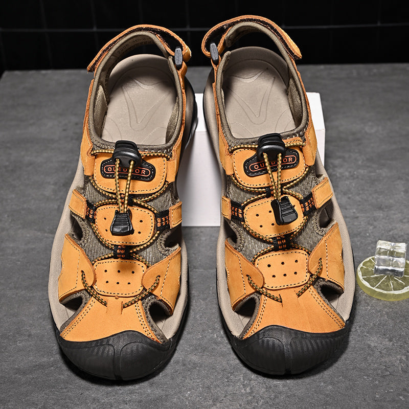 Genuine leather men's casual footwear, fisherman sandals with built-in arch support structure
