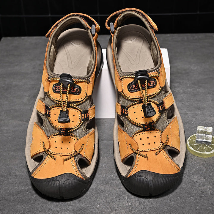 Genuine leather men's casual footwear, fisherman sandals with built-in arch support structure