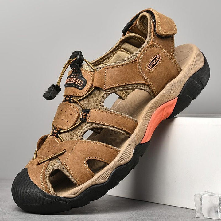 Close-up of the sole and arch support feature of men's outdoor leather fisherman sandals