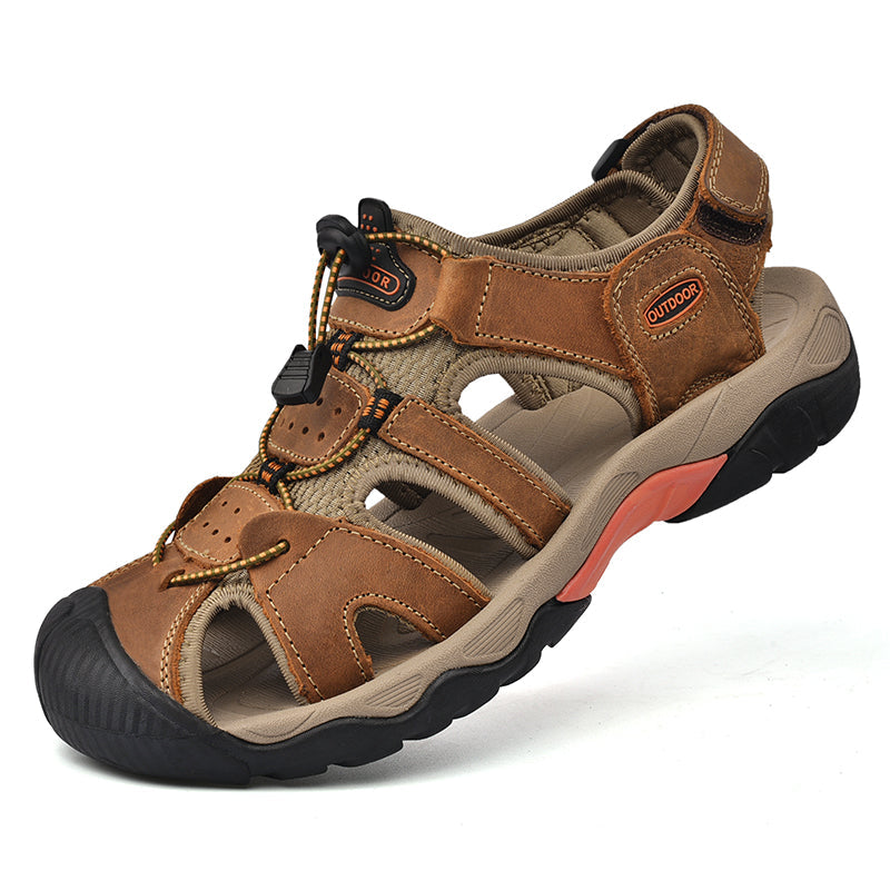 Detail shot of the comfortable footbed and arch support in men's genuine leather fisherman sandals
