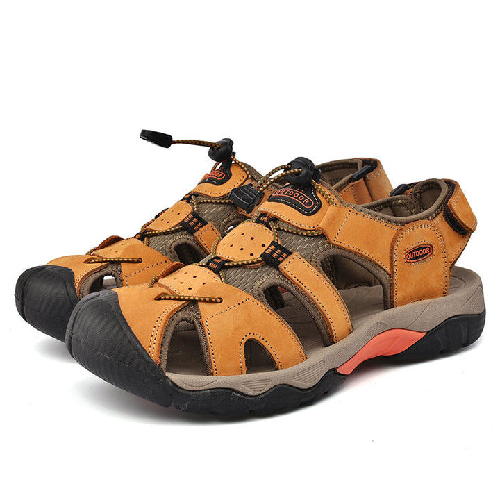 Men's arch support leather sandals, fisherman style, in a stack, showing different color options