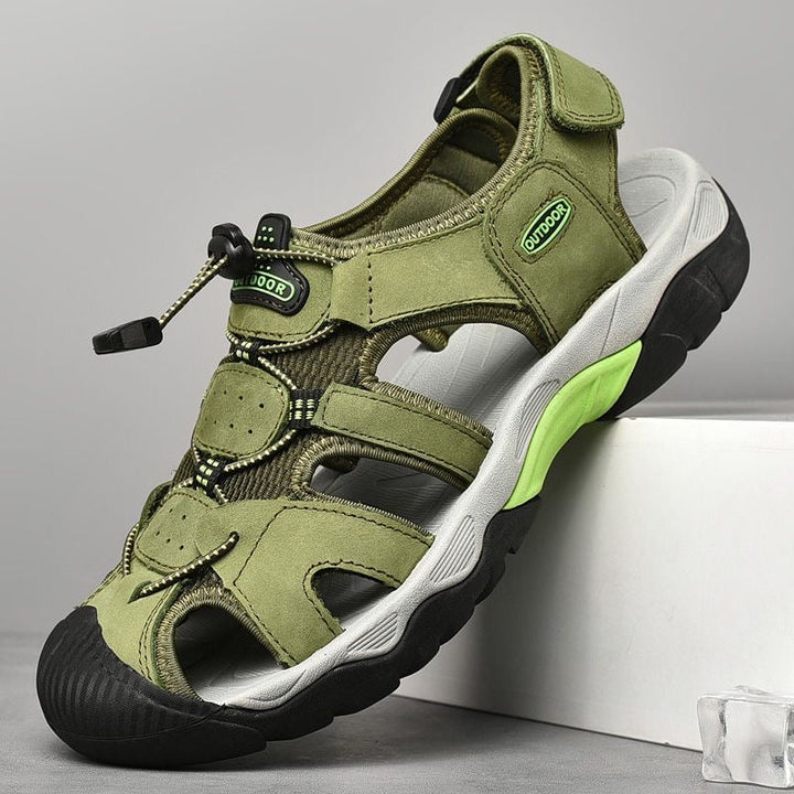 Detail of the stitching and craftsmanship on men's genuine leather arch support casual sandals