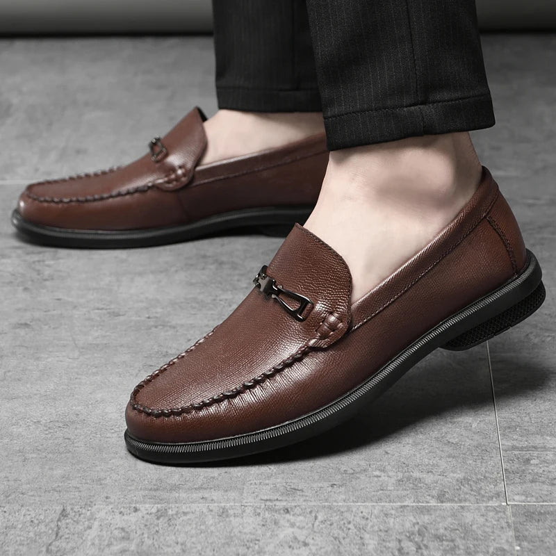 Collection of men's genuine leather loafers in various colors, all with metal bits.