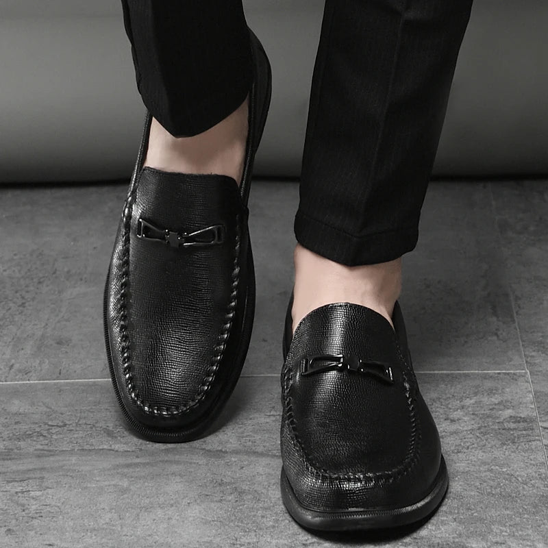 Men's genuine leather loafers, navy blue, with a silver-tone metal bit, perfect for smart casual.