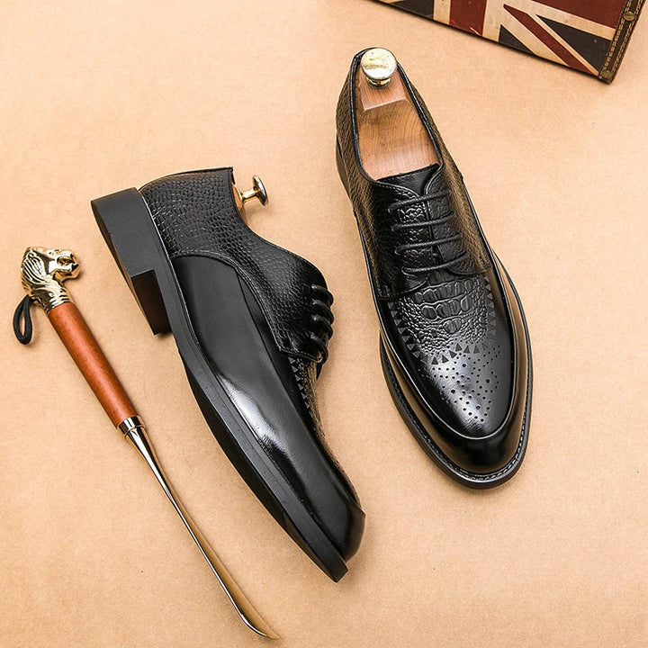 Men's genuine leather Oxford dress shoes, classic brogue, perfect for formal events & business attire.