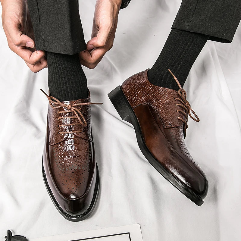 Men's formal black leather Oxford shoes on a wooden floor, ready for a professional business meeting.