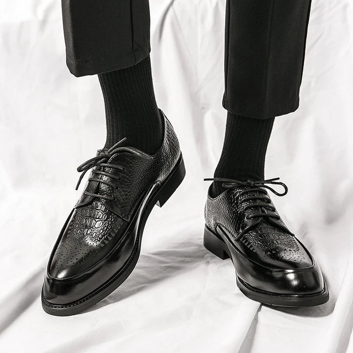 Men wearing genuine leather Oxford dress shoes, demonstrating style and comfort for business settings.