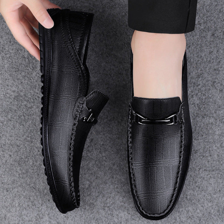 Men's genuine leather slip-on loafers, classic black, ideal for office wear and formal occasions