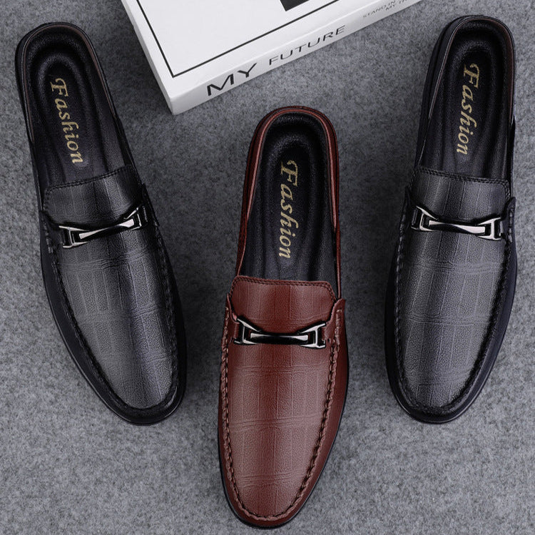 Sophisticated grey genuine leather slip-on loafers for men, versatile dress shoes