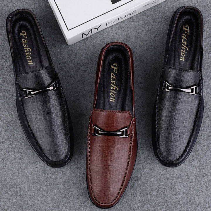 Sophisticated grey genuine leather slip-on loafers for men, versatile dress shoes