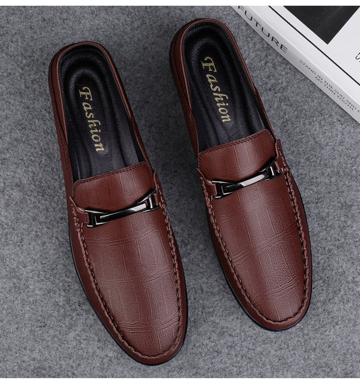 Classic men's genuine leather slip-on loafers in a dark brown finish, dress shoes