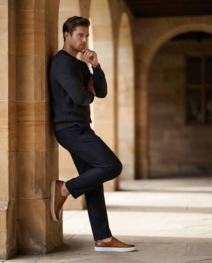 Close-up of a men's brown leather slip-on shoe, highlighting the soft texture and stitch detailing.