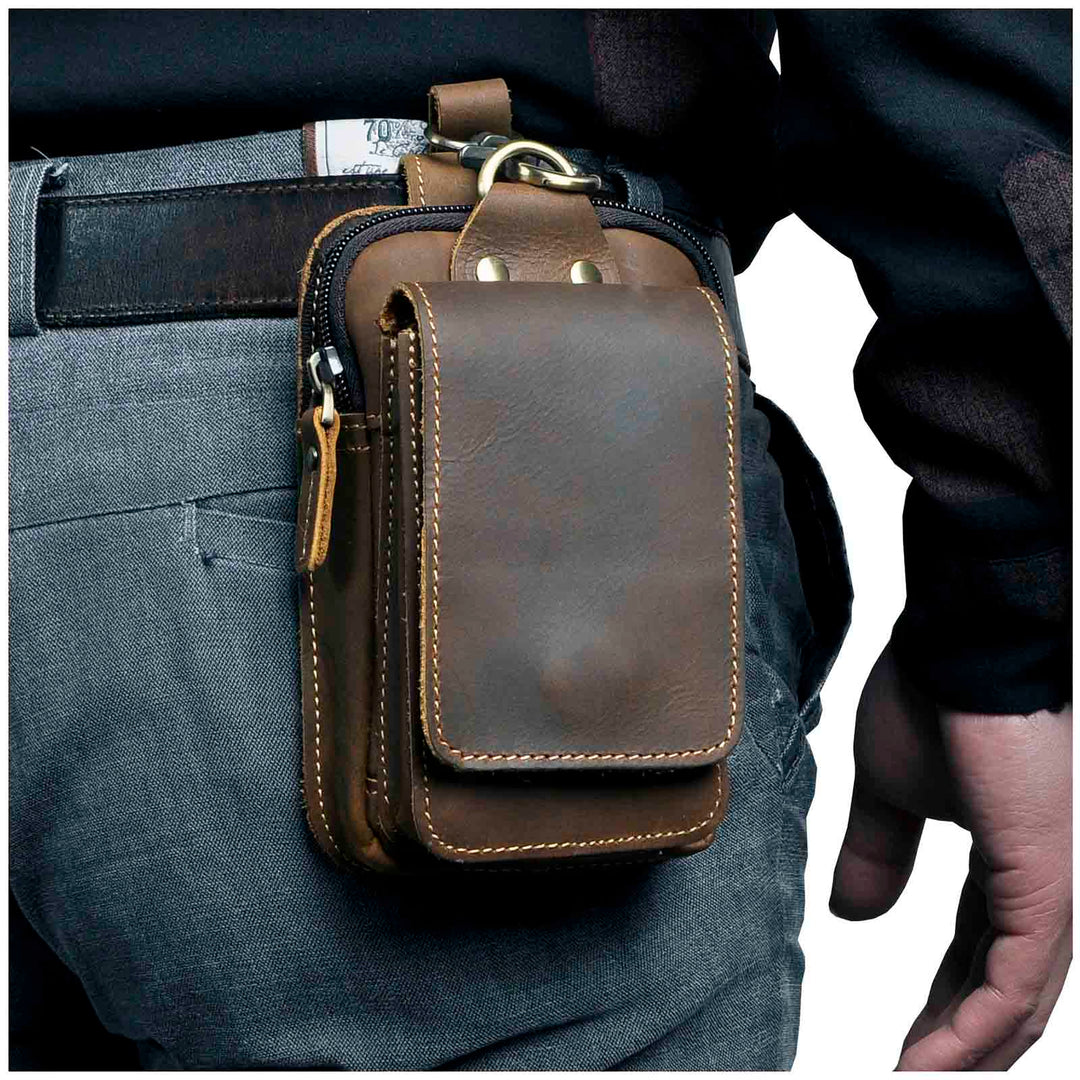 Men's genuine leather waist pack, black, hands-free travel bag for essentials.