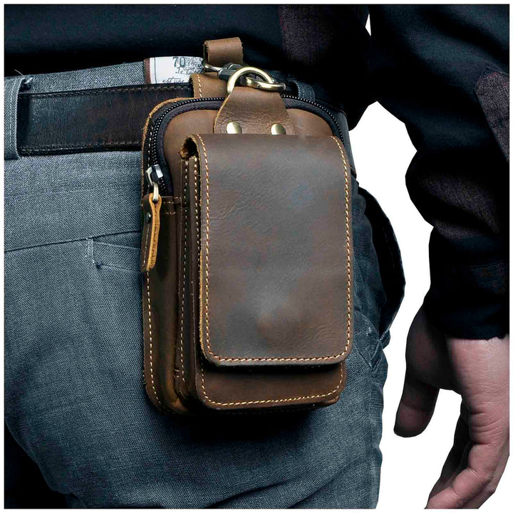 Men's genuine leather waist pack, black, hands-free travel bag for essentials.