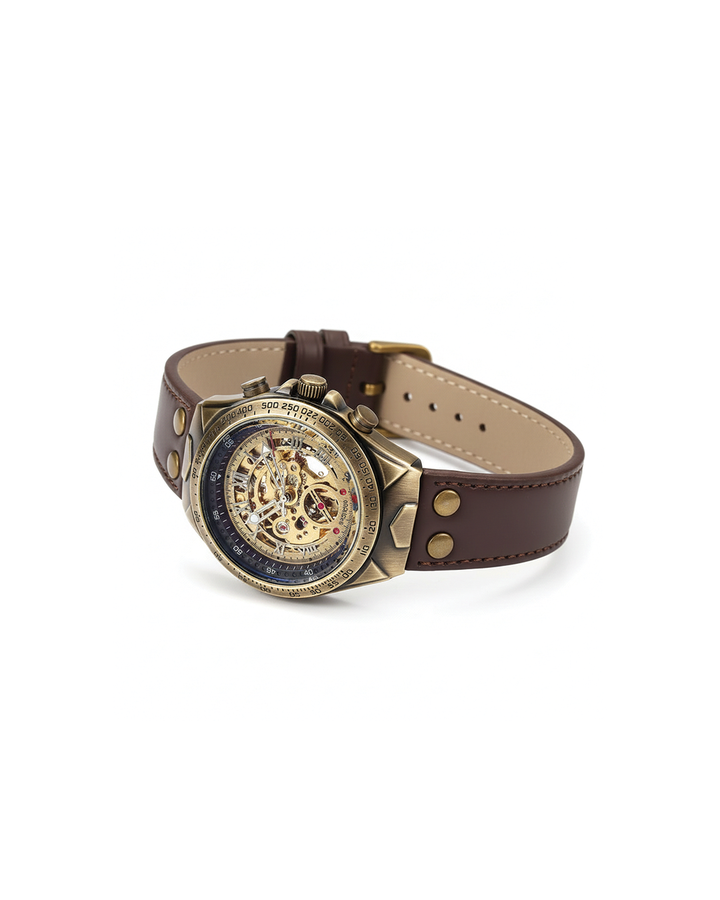 Men's gold automatic mechanical watch with skeleton dial, black leather strap, showcasing intricate gears