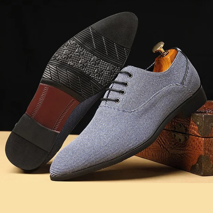 Men's fashion: gray woven derby shoes on a white background, versatile dress shoes