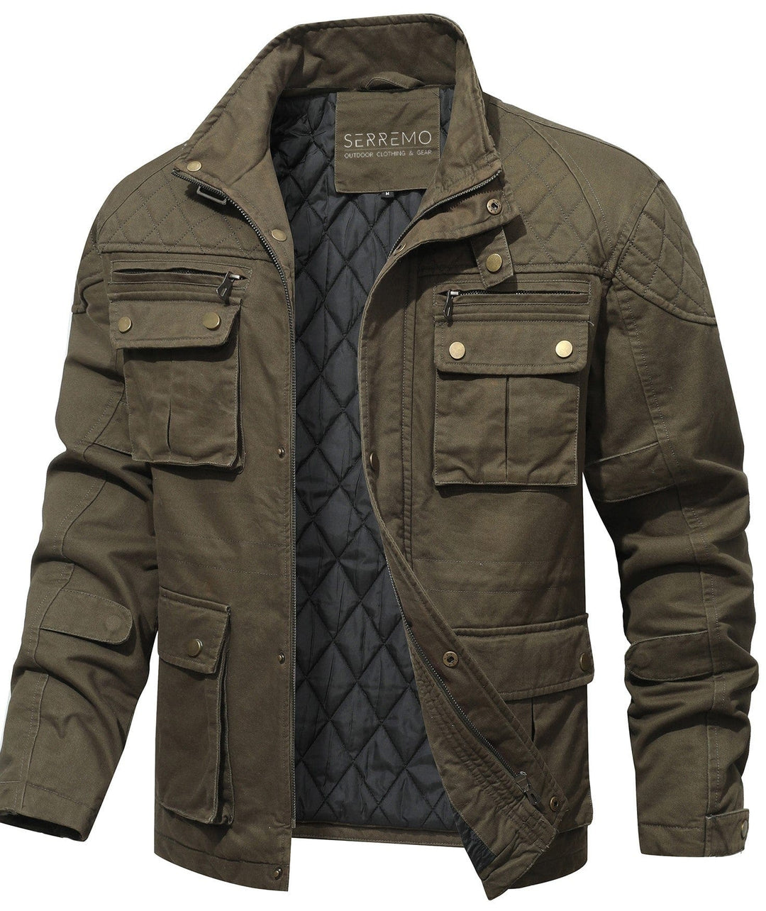 Men's green utility field jacket with quilted lining, perfect for rugged outdoor wear.
