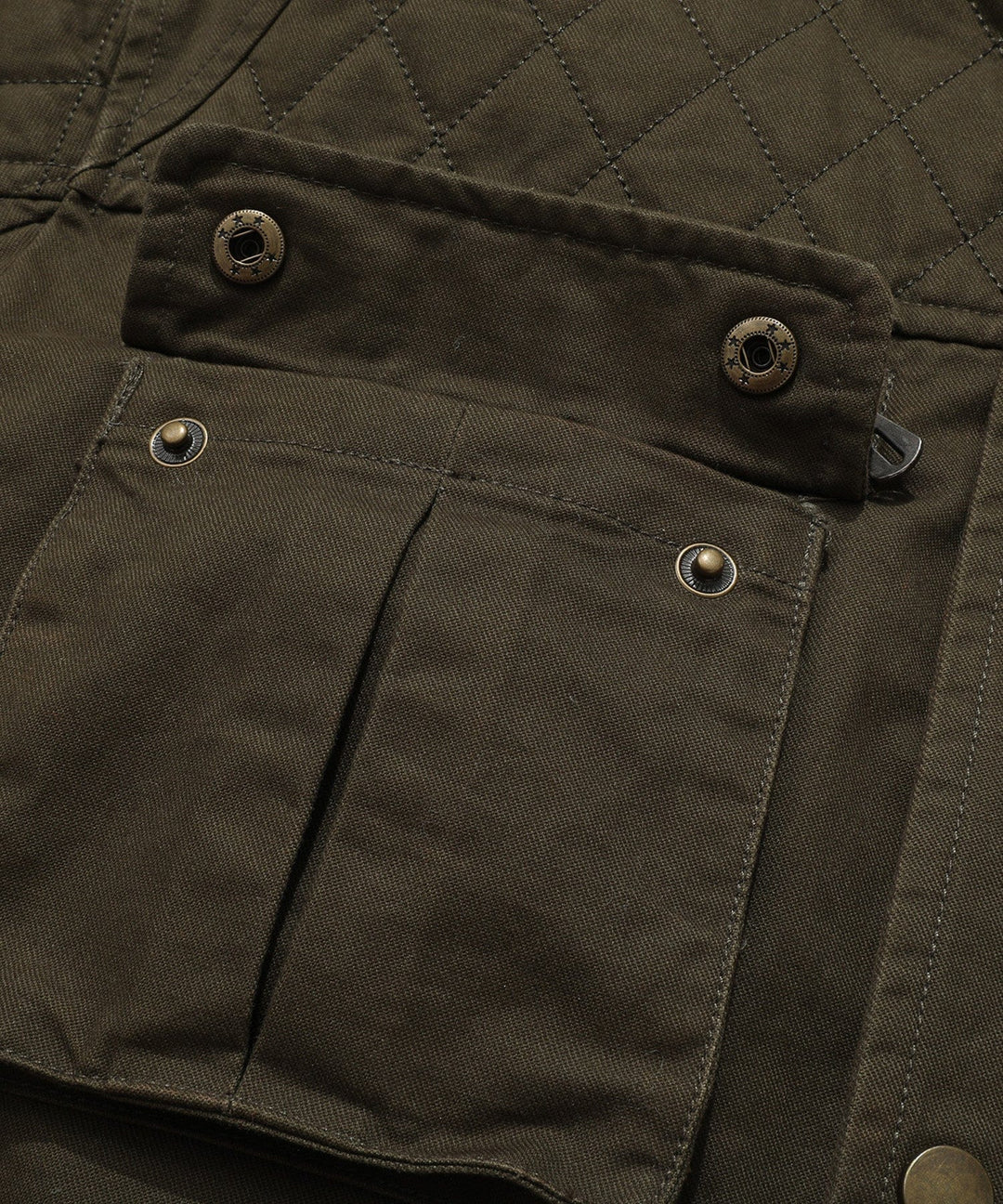 Side profile of a men's military-inspired field jacket, showing pocket details.