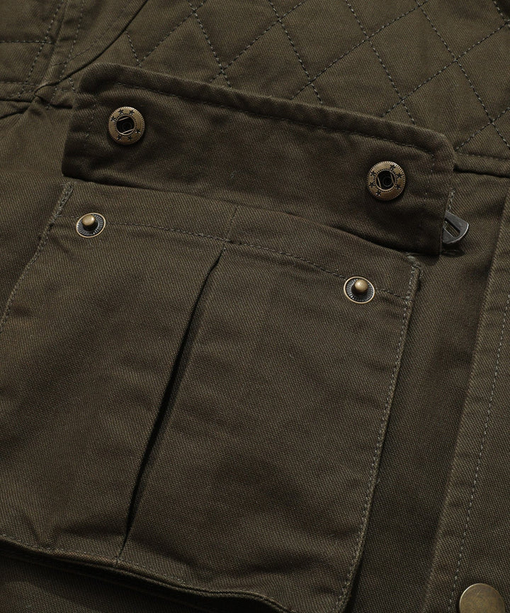 Side profile of a men's military-inspired field jacket, showing pocket details.